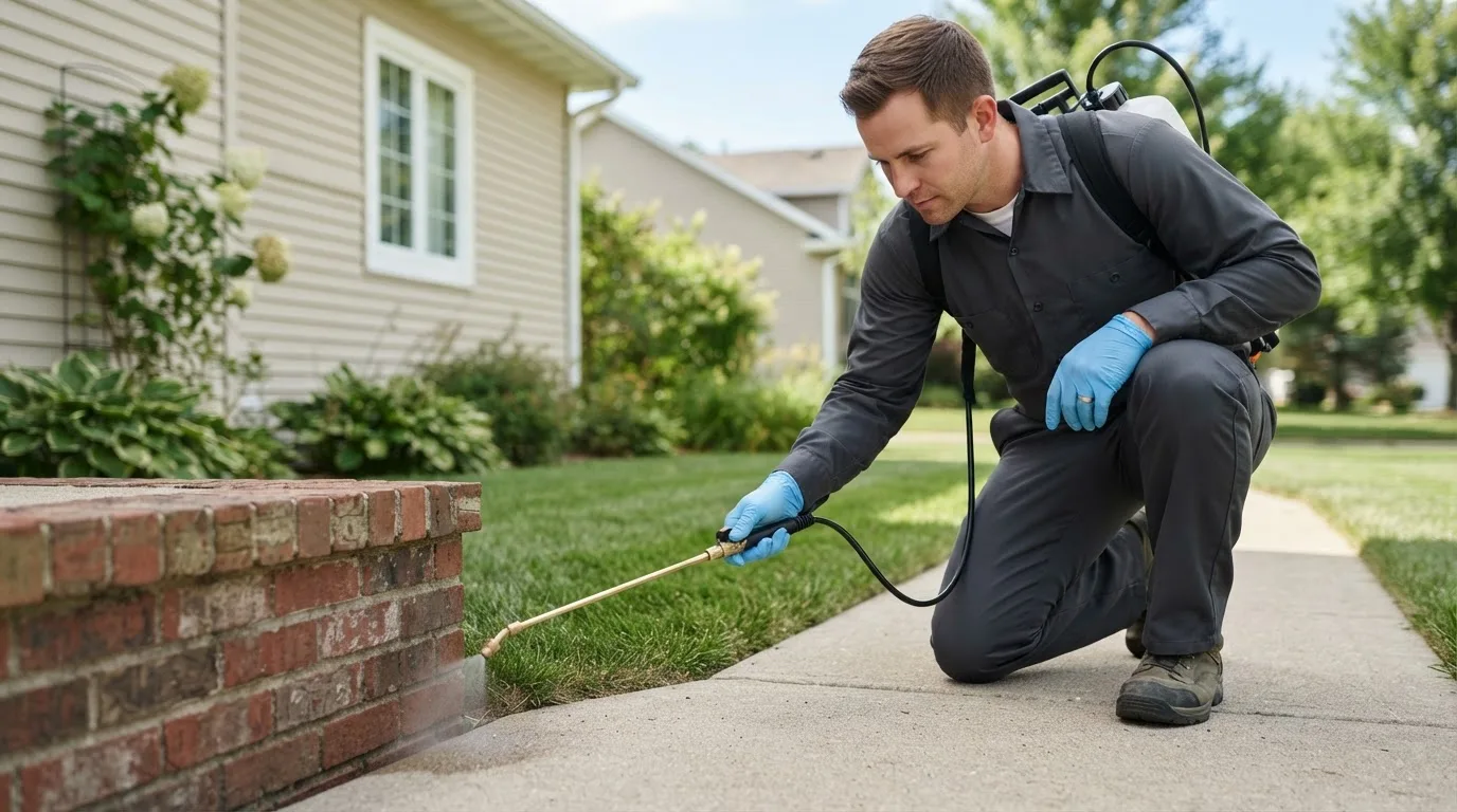 Pest control technician treating a home near Fenwick, WV